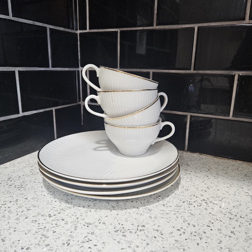 Set of Four Vintage Porcelain Teacups and Saucers